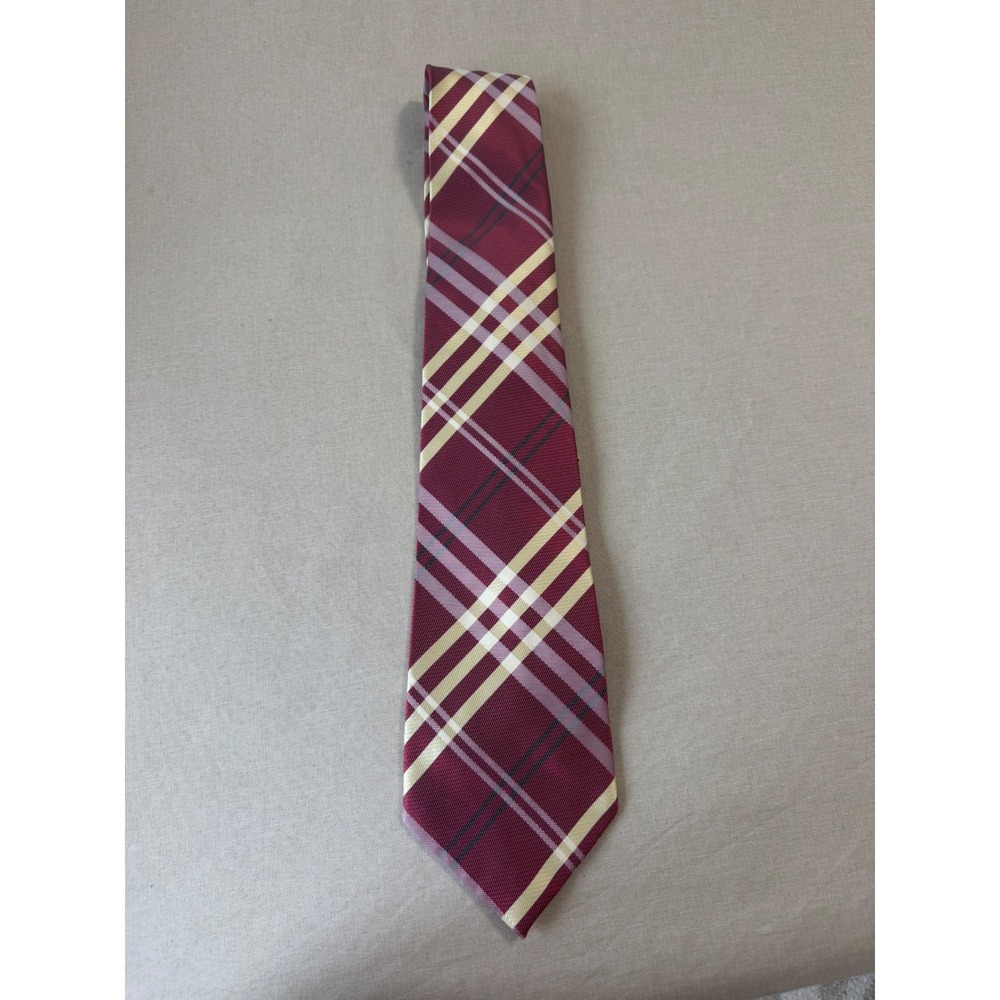 Men's Burgundy Yellow Gray Plaid Silk Necktie Hand Made Classic‎ Business Formal